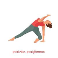 donna che fa parivrtta parighasana o posa yoga a raggio rotante. illustrazione vettoriale piatta isolata su sfondo bianco