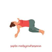 donna che fa supta matsyendrasana yoga posa, posa di torsione spinale reclinata. illustrazione vettoriale piatta isolata su sfondo bianco