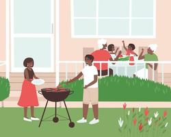 papà afroamericano cucina barbecue per tutta la famiglia vettore