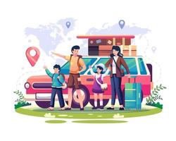 famiglia felice che viaggia per le vacanze estive o le vacanze. la famiglia con i bambini viaggia per il mondo in auto. illustrazione vettoriale in stile piatto