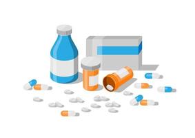 raccolta di farmaci. set di articoli medici bottiglie, pillole, capsule. illustrazione vettoriale piatta.