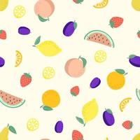 modello senza cuciture con diversi frutti, pesca, limone, anguria, prugna, fragola, arancia, pera. frutta di stagione estiva. illustrazione vettoriale. vettore