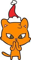 simpatico disegno di un gatto che indossa un cappello da babbo natale vettore