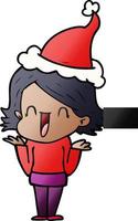 cartone animato sfumato di una donna felice che indossa il cappello di Babbo Natale vettore