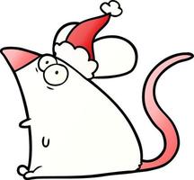 cartone animato sfumato di un topo spaventato che indossa il cappello di Babbo Natale vettore