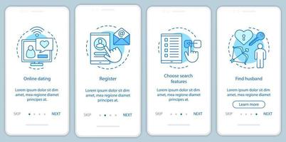 modello di vettore dello schermo della pagina dell'app mobile di onboarding di appuntamenti online. registrati, scegli le funzioni di ricerca, trova le istruzioni del sito Web del marito con illustrazioni lineari. ux, ui, gui concetto di interfaccia per smartphone