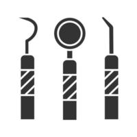 icona del glifo di strumenti dentali. specchio della bocca, sonda dentale e escavatore del dentista. simbolo della sagoma. spazio negativo. illustrazione vettoriale isolato