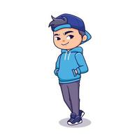 il ragazzo freddo del fumetto con la giacca blu e il supporto del cappello posano nell'illustrazione piana del carattere di stile casuale vettore