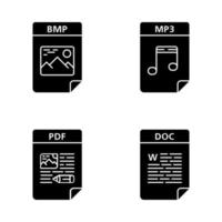 set di icone del glifo formato file. immagine, file audio, documenti di testo. bmp, mp3, pdf, doc. simboli di sagoma. illustrazione vettoriale isolato