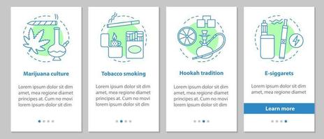 schermata della pagina dell'app mobile di onboarding fumatori con concetti. cultura della marijuana, fumo di tabacco, sigarette elettroniche, istruzioni grafiche dei passaggi della tradizione del narghilè. ux, ui, modello vettoriale gui con illustrazioni