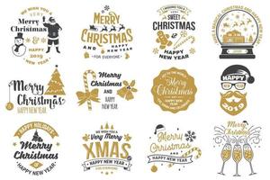 set di francobolli di buon natale e felice anno nuovo, set di adesivi con fiocchi di neve, palla di Natale appesa, cappello da Babbo Natale, caramelle. vettore