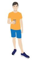 ritratto di un ragazzo in piena crescita con un bicchiere di caffè di carta in mano, vettore isolato su sfondo bianco, caffè da asporto