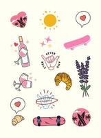 pacchetto di adesivi estivi per surf e vino. semplici disegni di contorno di vino rosato, tavole da surf, shaka, croissant, tramonto e altro ancora. simboli di amore, sole, surf e relax.