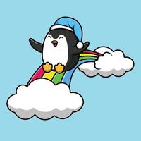 carino pinguino sleeding sull'illustrazione dell'icona di vettore del fumetto arcobaleno. concetto di icona della natura animale isolato vettore premium.