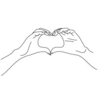 illustrazione linea di disegno di un primo piano mani di donna e uomo che mostrano il segno o la forma di cuori. gesto della mano del cuore. mani di due persone innamorate che fanno il cuore con le dita. design a cuore per camicia o giacca vettore