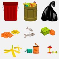 i bidoni della spazzatura e i rifiuti isolati modificabili impostano l'illustrazione vettoriale per il concetto ambientale