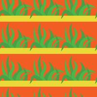 modello senza cuciture di erba primaverile luminosa, cespugli verdi su sfondo arancione vettore