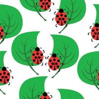 coccinelle e motivo senza cuciture verde l, simpatici insetti e piante su sfondo bianco vettore