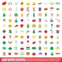 100 icone di vino impostate, stile cartone animato vettore