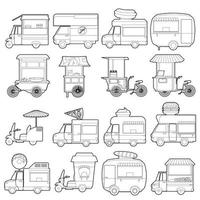 Set di icone di veicoli per cibo di strada, stile contorno vettore