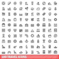100 icone di viaggio impostate, stile contorno vettore