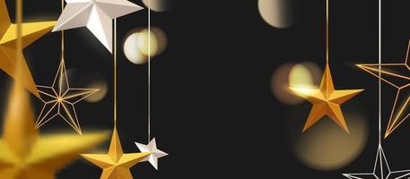 3d realistico appeso sfondo stella d'oro. banner di Natale di lusso con copia spazio vettoriale