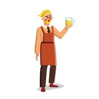 il lavoratore della fabbrica di birra tiene il bicchiere con il vettore della bevanda della birra