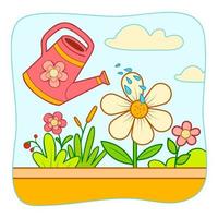 simpatici fiori e annaffiatoio cartone animato. vettore di clipart di fiori di irrigazione. sfondo della natura