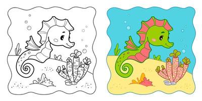 fondo marino. libro da colorare o pagina da colorare per bambini. clipart vettoriali di cavalluccio marino