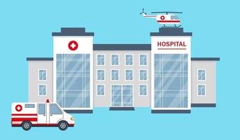 costruzione di ospedali o cliniche, auto ed elicotteri. concetto di assistenza sanitaria, medica o di emergenza. illustrazione vettoriale in stile piatto isolato su sfondo blu.