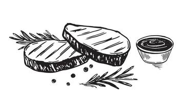 bistecca di manzo barbecue stile disegnato a mano, illustrazioni vettoriali. vettore