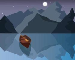 paesaggio notturno con montagne, luna e stelle. barca sul mare. illustrazione della natura selvaggia. vettore con barca di legno