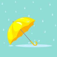 ombrello giallo di vettore del fumetto con la pozza blu sotto di esso. monsone. gocce di pioggia che cadono