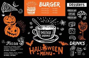 menu del ristorante del bar, design del modello, menu di halloween, volantino alimentare. vettore