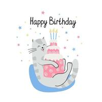 carta di buon compleanno con gatto e torta e candele vettore