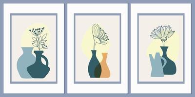 una serie di modelli con una composizione astratta di forme semplici. fiori in un vaso. stile collage, minimalismo vettore