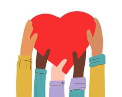 mani con diversi colori della pelle che tengono un cuore rosso. amicizia e amore per le nazionalità, il concetto di comunità internazionale