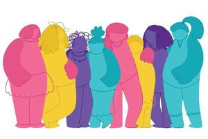 gruppo di donne diverse. movimento contro la discriminazione e la disuguaglianza. femminismo femminile. giornata internazionale della donna. le ragazze sono in piedi, abbracciate insieme. lavoro di squadra, unione, amicizia. vettore disegnato