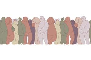 gruppo di confine senza soluzione di continuità orizzontale di persone diverse astratte. amici, colleghi, volontari in piedi, abbracciati. personaggi di doodle dei cartoni animati. lavoro di squadra, stare insieme, concetto di amicizia vettore