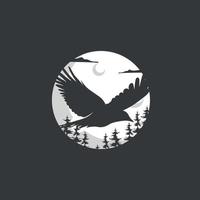 logo di un uccello che si abbatte di notte, al chiaro di luna vettore
