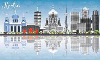 skyline di harbin con edifici grigi, cielo blu e riflessi. vettore