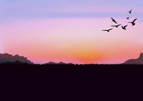 immagine grafica dopo il tramonto con luce crepuscolare del cielo e illustrazione vettoriale di uccelli di montagna