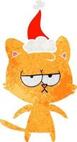 cartone animato retrò annoiato di un gatto che indossa il cappello di Babbo Natale vettore