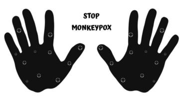 fermare l'illustrazione vettoriale in bianco e nero del vaiolo delle scimmie, mani umane con eruzione cutanea da vaiolo.
