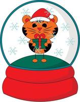 palla di neve di natale con tigre e confezione regalo. disegnare l'illustrazione a colori vettore