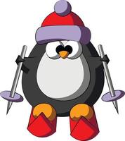 simpatico cartone animato pinguino con gli sci. disegnare l'illustrazione a colori vettore