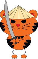 simpatico cartone animato tigre samurai. disegnare l'illustrazione a colori vettore