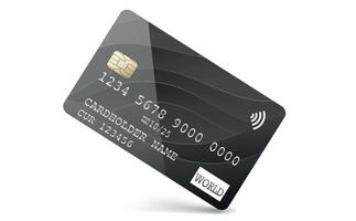 plastica, banca, carta di credito in nero con un chip dorato su sfondo bianco. il concetto di pagamenti online contactless e wireless. illustrazione vettoriale