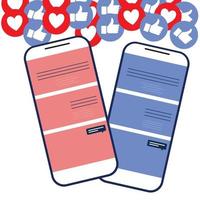 piattaforma di social media, concetto di applicazioni di comunicazione sociale online, cuori, chat e grafico con sfondo smartphone vettore