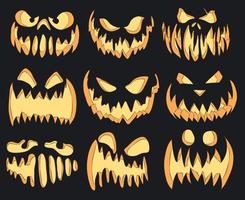 Halloween. illustrazione vettoriale di jack-o'-lantern per carte, banner, adesivi, volantini. set colorato di facce di zucca su sfondo bianco..